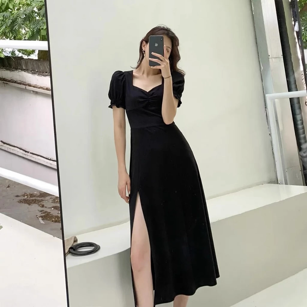 ชุดเกาหลี ชุดวินเทจ เสื้อผ้าแฟชั่นผู้หญิง ชุดเดรสสีดํา เดรสไซส์ใหญ่ thumbnail 10