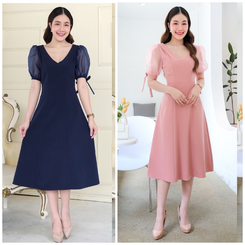 FN8106  Midi dress คอวี แขนตุ๊กตาผ้าแก้ว ชุดไปงานแต่ง ชุดออกงาน เดรสเพื่อนเจ้าสาว [LUXURY707]