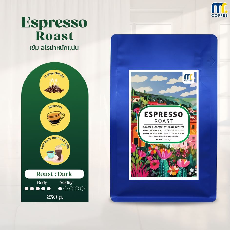 Mr.coffee เมล็ดกาแฟคั่ว สูตร Espresso คั่วเข้มมาก เมล็ดอราบิก้า 100% ขนาด 250 กรัม