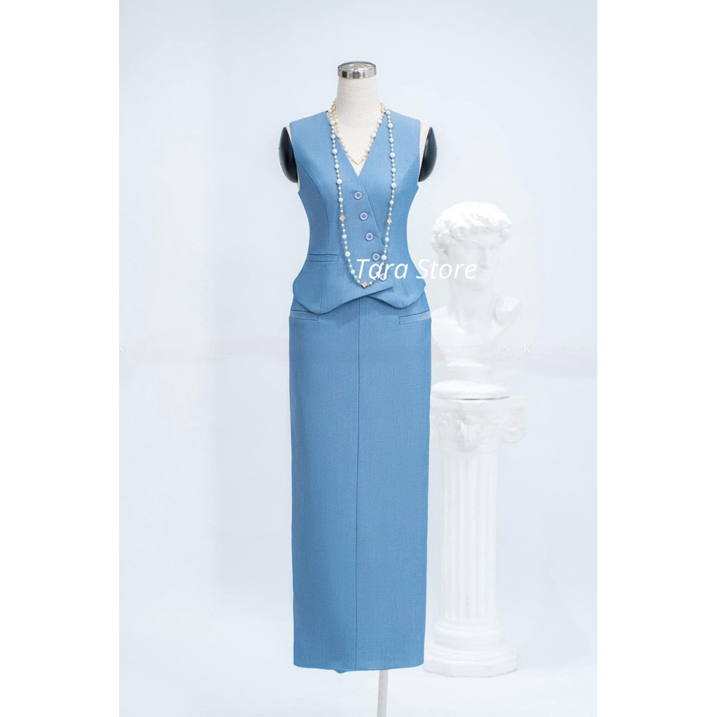 ชุดเชท สูทกั๊กกระโปรงยาวสีฟ้า แบรนด์ Tara store size S ของใหม่แพ็คถุง
