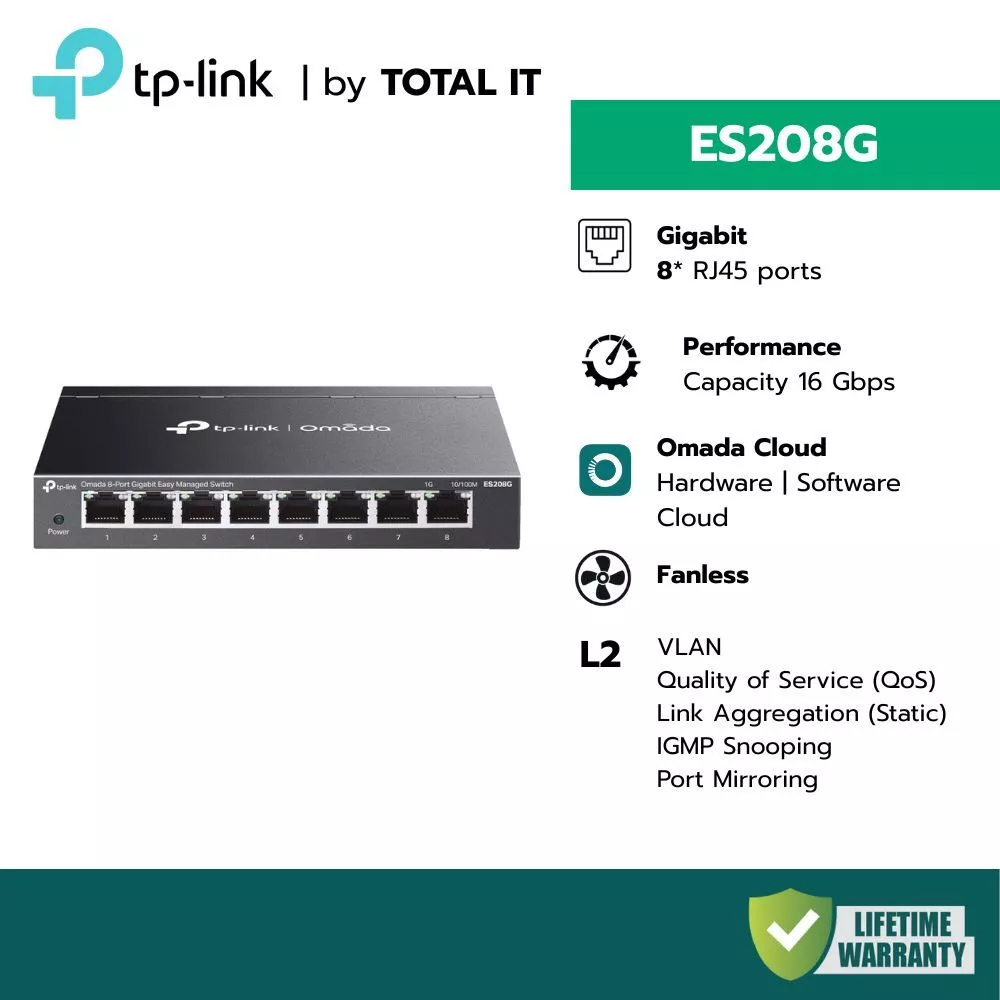 (พร้อมส่ง) TP-LINK Omada ES208G สวิตช์ 8 พอร์ต Gigabit (Fanless) สำหรับ VLAN/Home Lab ประกันศูนย์