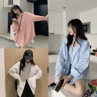 เสื้อผ้ากันแดดผู้หญิง แขนยาวหลวมๆ ทันสมัย เสื้อเชิ้ตสไตล์เกาหลี เรียบง่ายและใช้งานได้หลากหลาย สีพื้น มีกระเป๋าหน้า