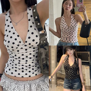STR พร้อมส่ง🦄✨เสื้อคล้องคอลายจุด Polkadot คอวีลึก ปิดหลังทรางรัดรูปสไตล์ผูกโบว์ชุดไปเที่ยวเซ็กซี่แฟชั่นสำหรับผู้หญิง