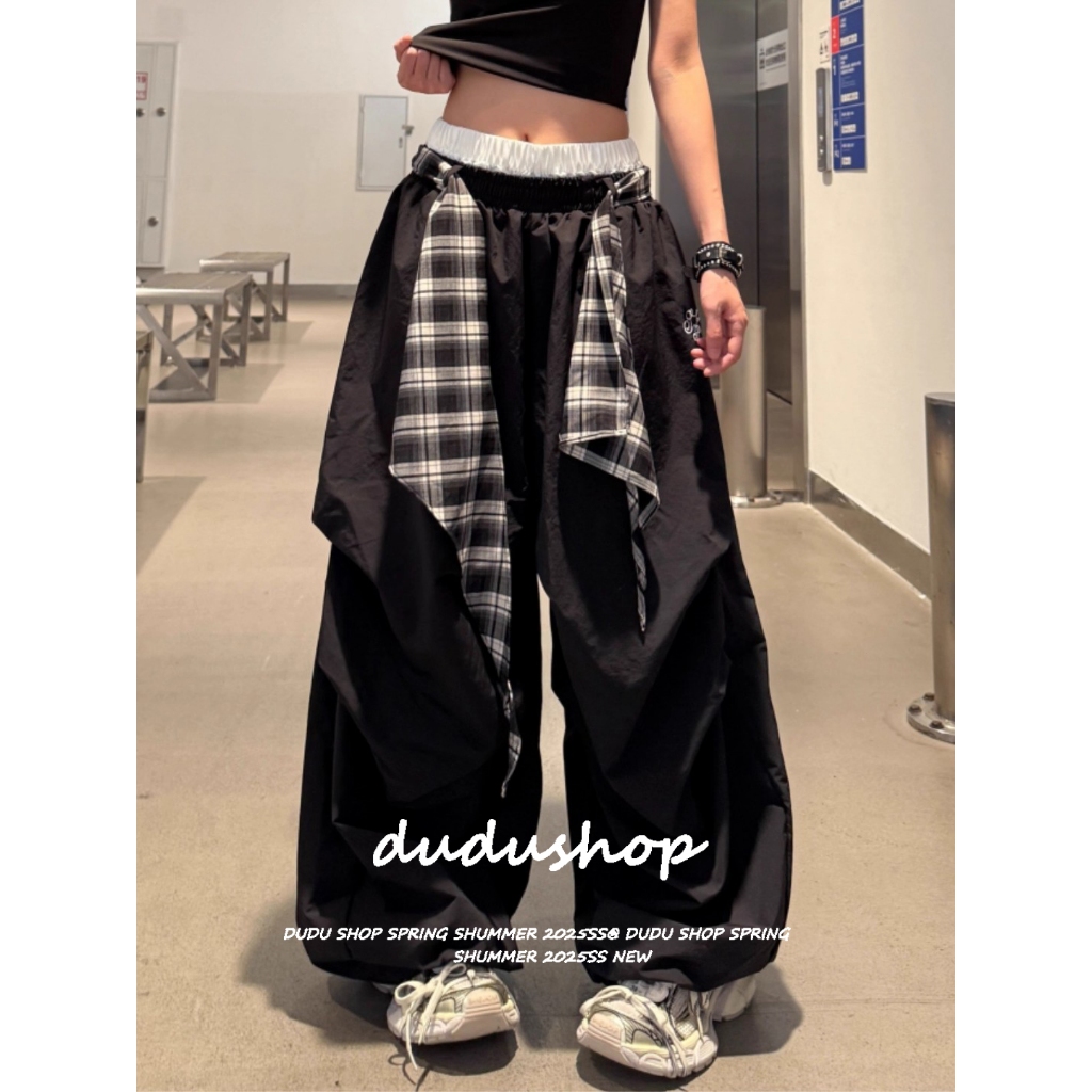 [Summer quick-drying fabric wide-leg pants]กางเกงขากว้างเต้นรำแจ๊สฤดูร้อนปี 2025 ริบบิ้นลายสก๊อตสามารถถอดออกได้