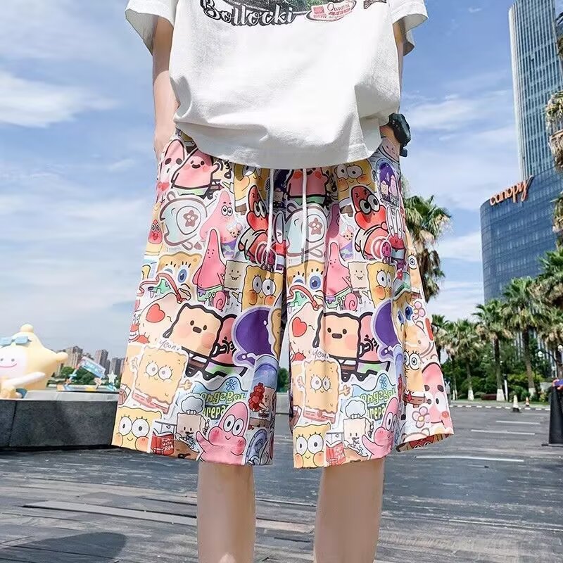 CC-31303 กางเกงขาสั้นชายฤดูร้อน ทรงหลวมสไตล์ชายหาด ผ้าบาง ๆ เอวยางยืด 冰丝 ระบายอากาศดี ลายการ์ตูนน่ารัก