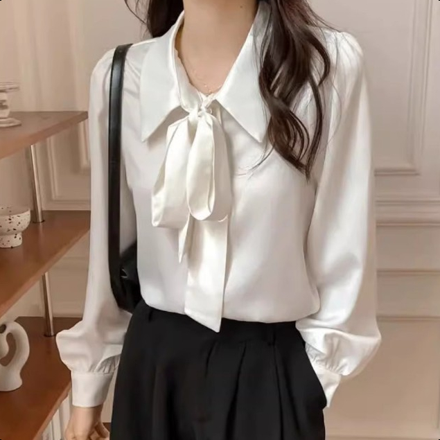 S-2XL โบว์ร้อยแขนยาวเสื้อหลวมพอดีสีทึบด้านบน