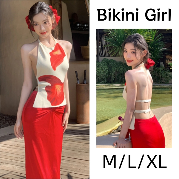 ชุดว่ายน้ำ เสื้อแขนกุด หหลังกลวง ด้วยกระโปรงยาวสีแดง เซ็กซี่ โดปามีน ชุดไปทะเล ส่งไวจากไทย