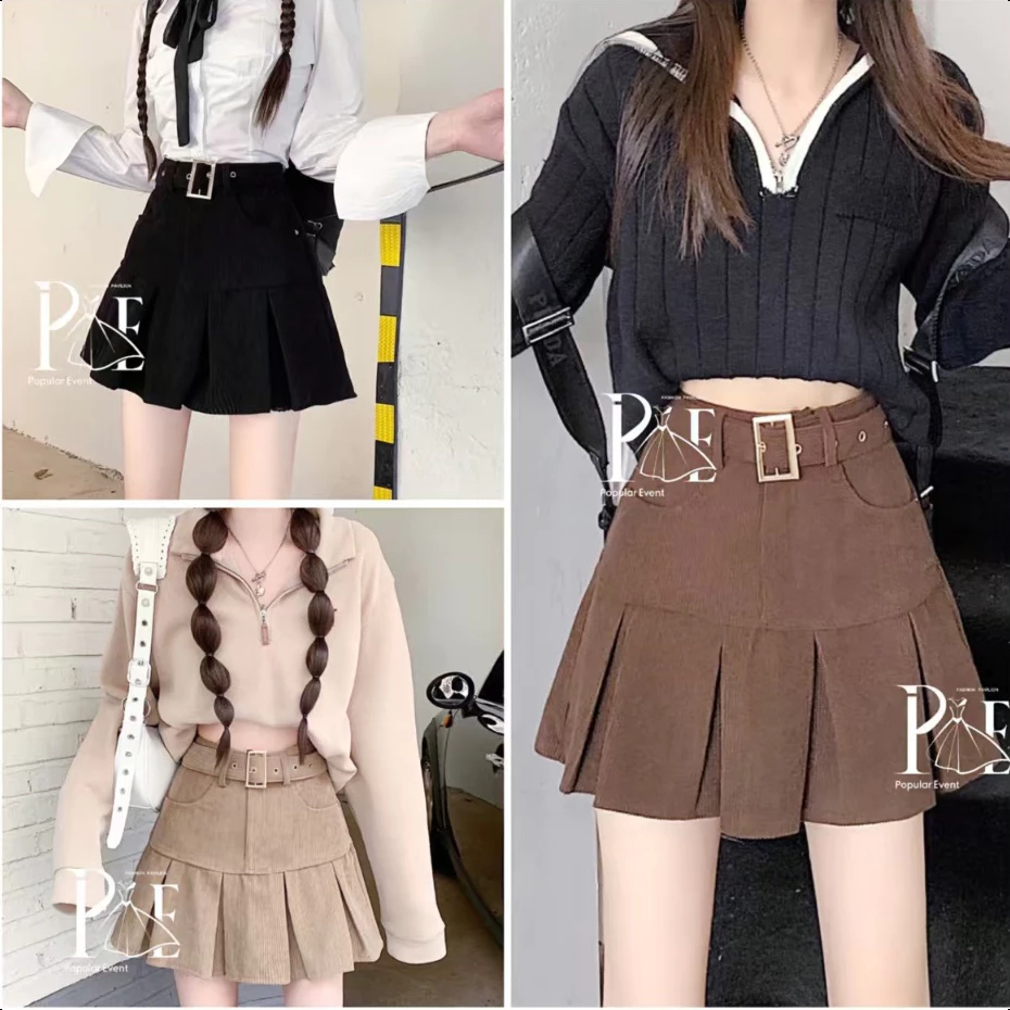 พร้อมส่ง กระโปรงเทนนิส ผ้าลูกฟูก แถมเข็มขัด มีซับใน แฟชั่นสไตล์สาวเกาหลี Clothing Women