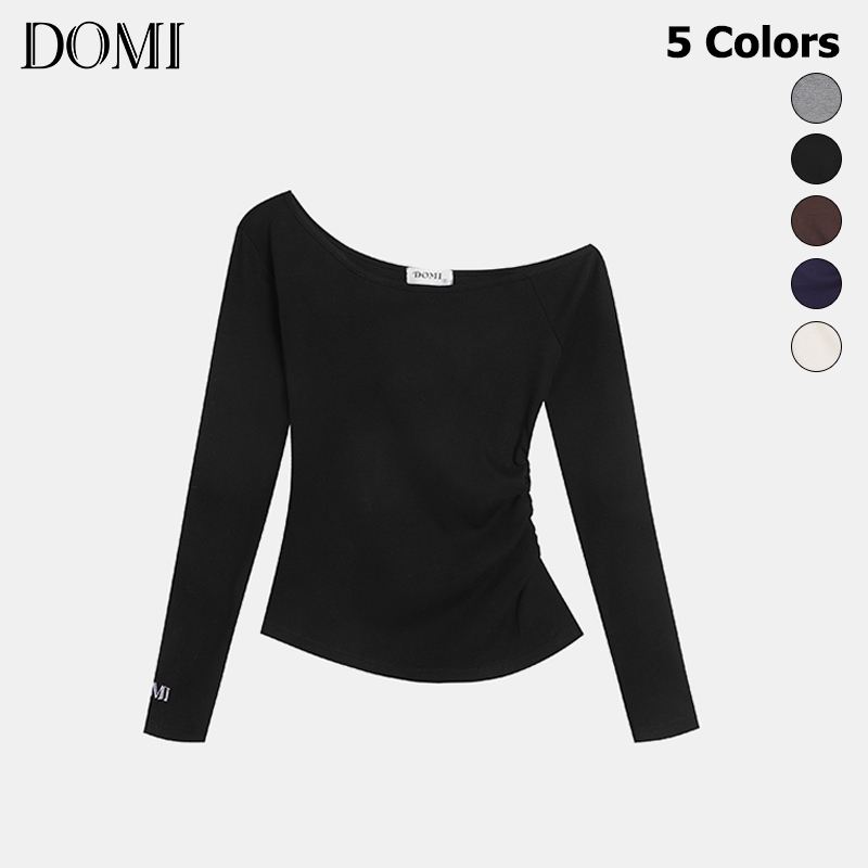 DOMI- เสื้อยืดเปิดไหล่ธรรมดา แฟชั่นสตรี เซ็กซี่ แขนยาว ทรงสลิมฟิต เอวจีบ เสื้อยืด พร้อมส่งจากประเทศไทยตลอดเวลา ไซส์ S-XL