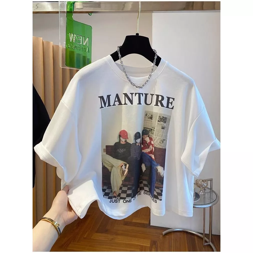 เสื้อครอปสาวอวบไซส์ใหญ่ oversize เสื้อผ้าวัยรุ่นน่ารักๆ เสื้อยืดแฟชั่นผู้หญิงกําลังฮิตใหม่ล่าสุด สกรีนลายวินเทจ เกาหลี