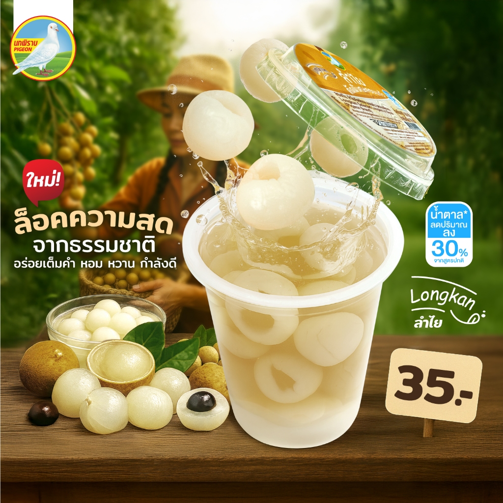 NEW! ลองกัน ลำไยคัดพิเศษลอยแก้ว ตรานกพิราบ ขนาด 190 กรัม