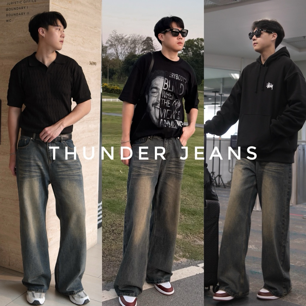 Thunder jeans 020 (890.-) กางเกงยีนส์ผู้ชายทรงกระบอกใหญ่ แต่งเฟดสีสนิม ผ้ายีนส์พรีเมี่ยม ใส่สบาย
