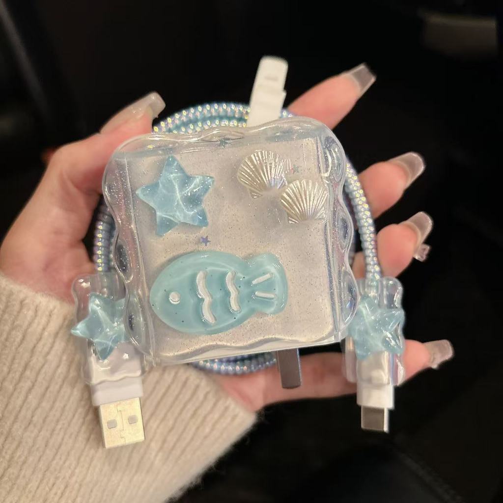 พร้อมส่งจากไทย ปลาฟ้า ชุดพันสาย เคสหัวชาร์จ ลายการ์ตูน ตัวถนอมสาย USB oppo 80w 67w vivo33w 44w 18w ถนอมสายชาร์จ