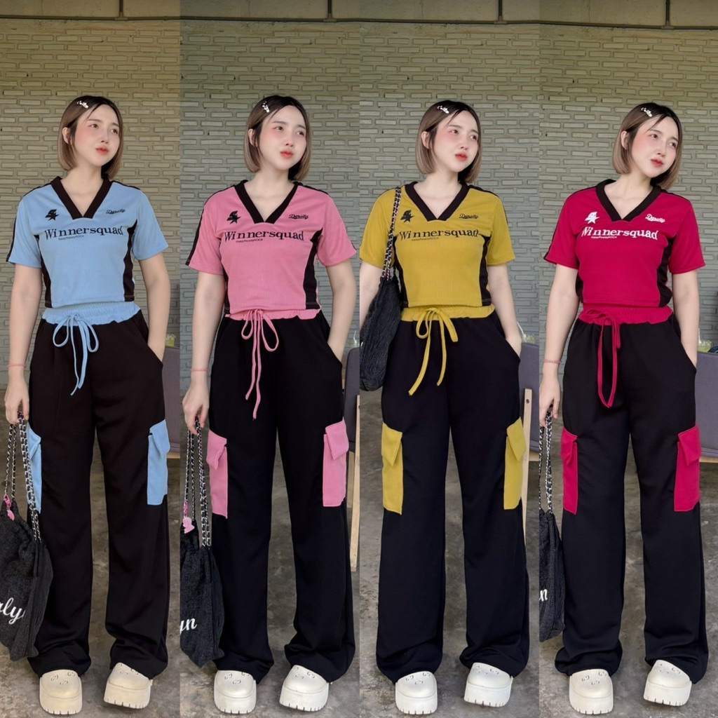 SET2ชิ้น เสื้อครอบWINNER+กางเกงขายาวแต่งกระเป๋าคาร์โก้