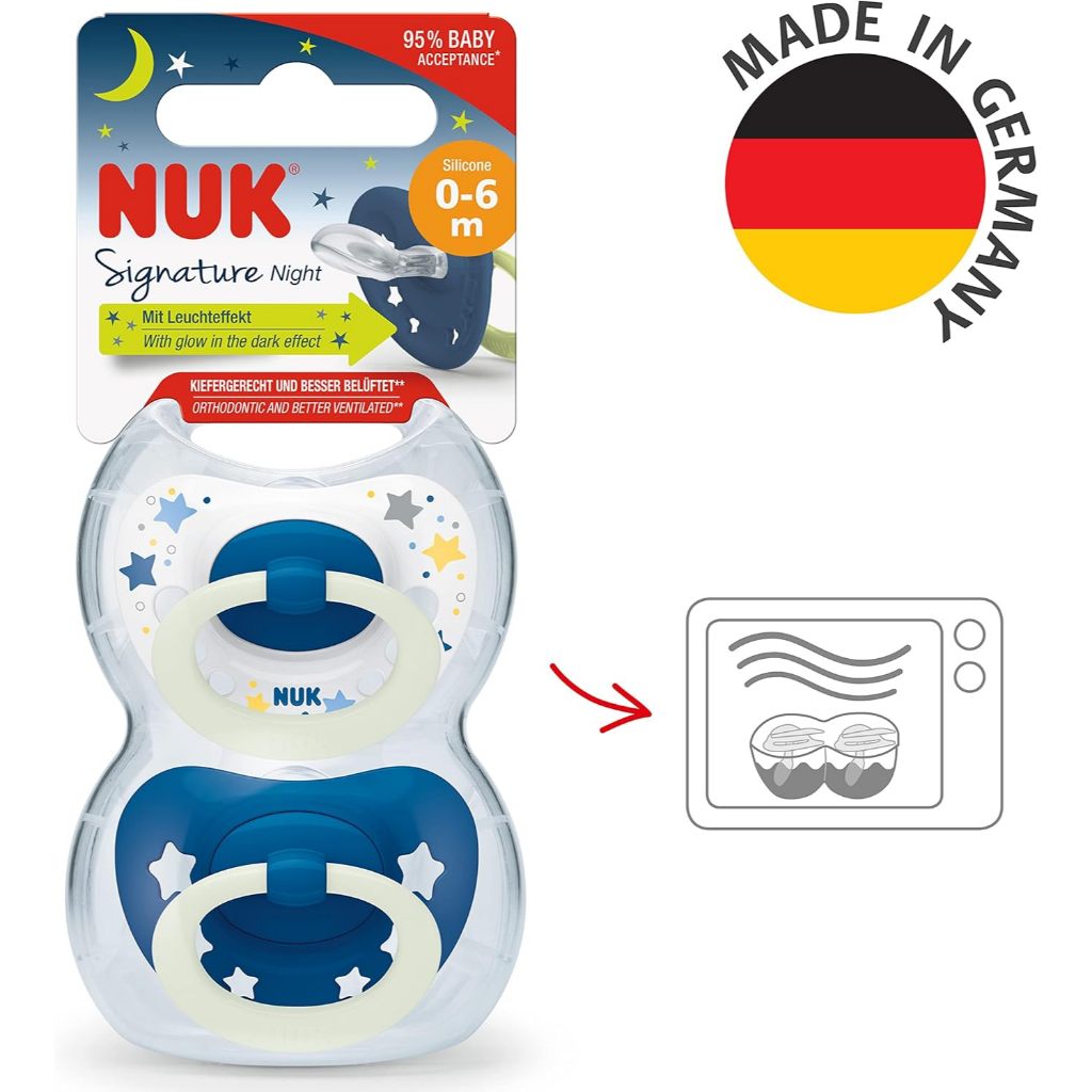 จุกหลอกเรืองแสงNUK Signature Glow In The Dark Soother Twin Pack0-6m,6-18m
