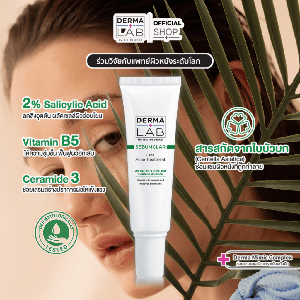 เจลแต้มสิวยุบข้ามคืน ลดอักเสบ ไม่ทิ้งรอยแผลสิว Derma Lab Sebumclar Cica Acne Gel 15g (ซิก้า, เจลแต้ม