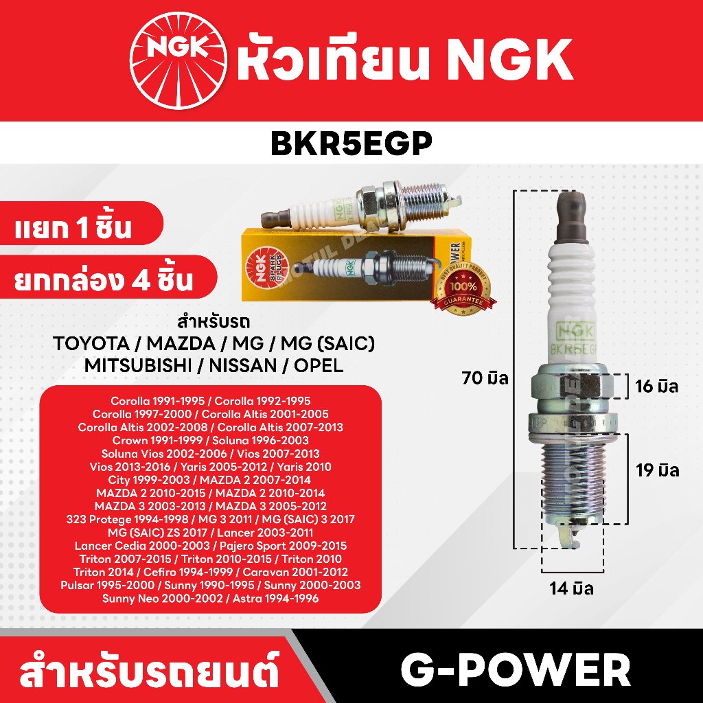 หัวเทียนรถยนต์ ขายแยก 1 และ 4 หัว NGK G - POWER รุ่น BKR5EGP