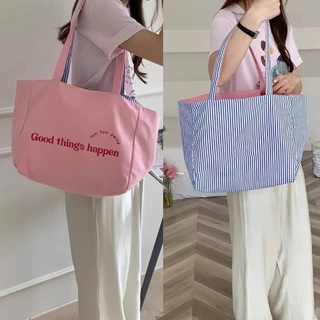 (มีส่งด่วน) tokyosellected(T2438) กระเป๋าสะพายผ้าใบใหญ่/ผ้าลายทาง/ใช้ได้2ด้าน