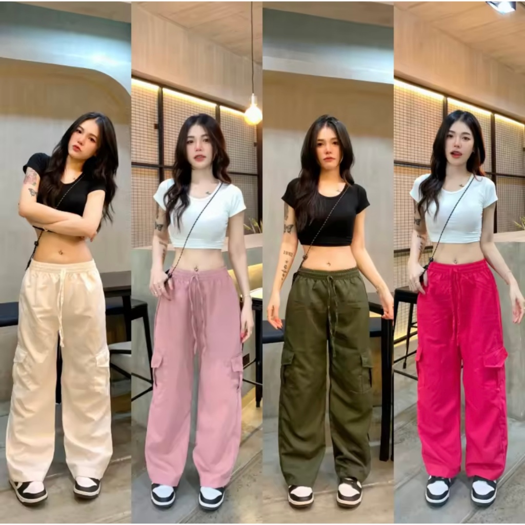 กางเกงคาร์โก้ผู้หญิงเอวสูงแบบสวมผ้านิ่มไม่หนามากใส่เที่ยว ใส่ทำงาน รุ่นKZ-0247