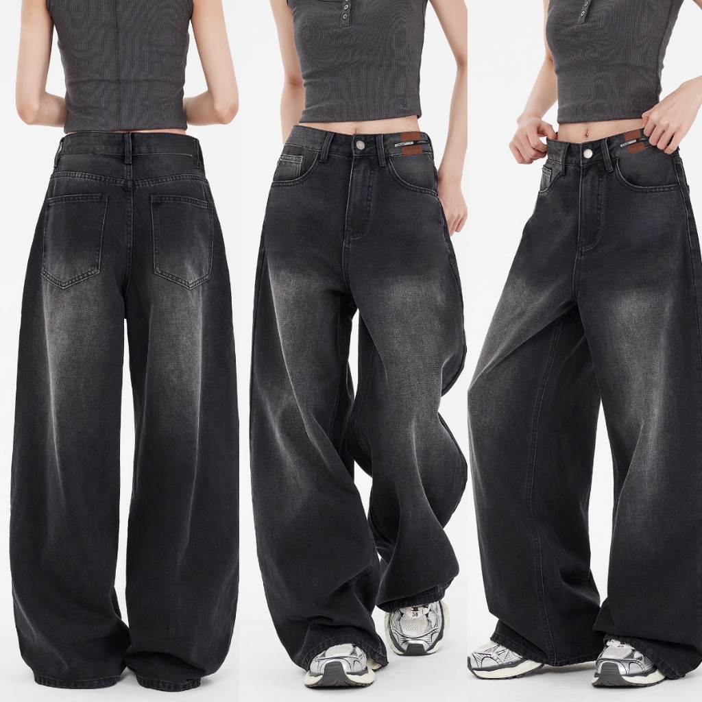 กางเกงยีนส์ผู้หญิงทรงหลวม สไตล์อเมริกันย้อนยุค สีดำและเทา การออกแบบใหม่สวมใส่ง่าย