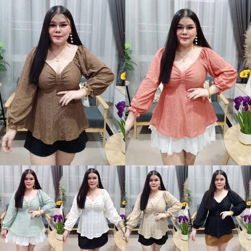 Dเสื้อย่นอกแขนยาว มีเชือกผูกหลัง ผ้าฉลุลูกไม้ – โปรปัง
