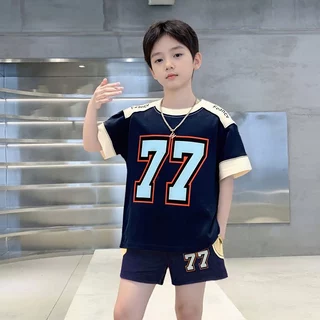 PRINCESS KESLIชุดเซ็ท 2 สุดเท่ สำหเด็กผู้ชาย พิมพ์ตัวอักษร เสื้อยืดแขนสั้น+กางเกงขาสั้น สไตล์สปอร์ต ชุดเช็ทเด็กชายแฟชั่น