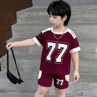 PRINCESS KESLIชุดเซ็ท 2 สุดเท่ สำหเด็กผู้ชาย พิมพ์ตัวอักษร เสื้อยืดแขนสั้น+กางเกงขาสั้น สไตล์สปอร์ต ชุดเช็ทเด็กชายแฟชั่น