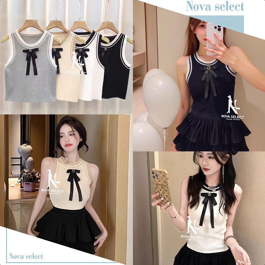 พร้อมส่ง เสื้อไหมพรมแขนกุด งานแต่งเข็มกลัว.โบว์ดำสุดชิค ผ้าสลิมฟิต สุดเซ๊กซี่ Women Clothing