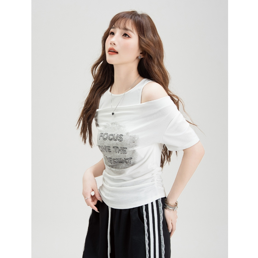 เสื้อยืดเเขนสั้น เสื้อยืดเเขนสั้นผู้หญิง สไตล์ทรงหลวม สไตล์เกาหลี สไตล์ออลแมทช์  ใส่ได้สองเเบบ #020351 - รูปที่ 2