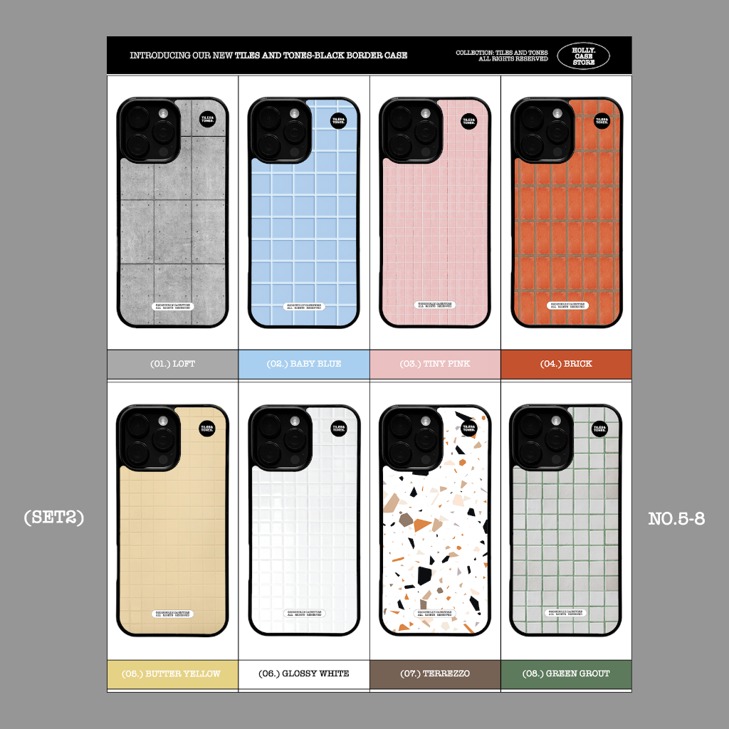 HOLLY.CASESTORE เคสไอโฟน: SET2* TILES&TONES black border 🏭🧱🚛 | เคส 8 ลายพิมพ์ผิวเงา ขอบดำกันกระแทก