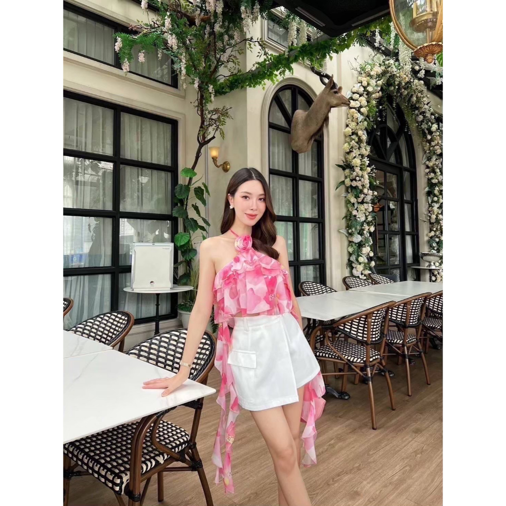 เซ็ต2ชิ้น เสื้อสายเดี่ยว+กระโปรงกางเกง งานป้าย Jariya