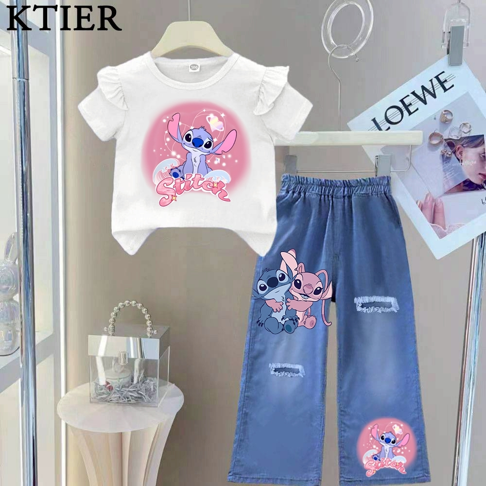 pinkชุดเซตเด็กผู้หญิง เสื้อแขนระบาย*กางเกงยีนส์เทียม(ผ้าฝ้ายโพลี)