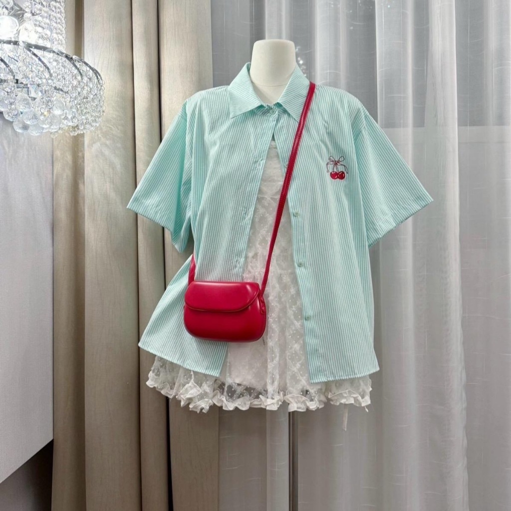Acasey เสื้อเชิ้ตแขนสั้น ปักลายเชอรี่ ใหญ่ อก 44นิ้ว รูปที่ 6