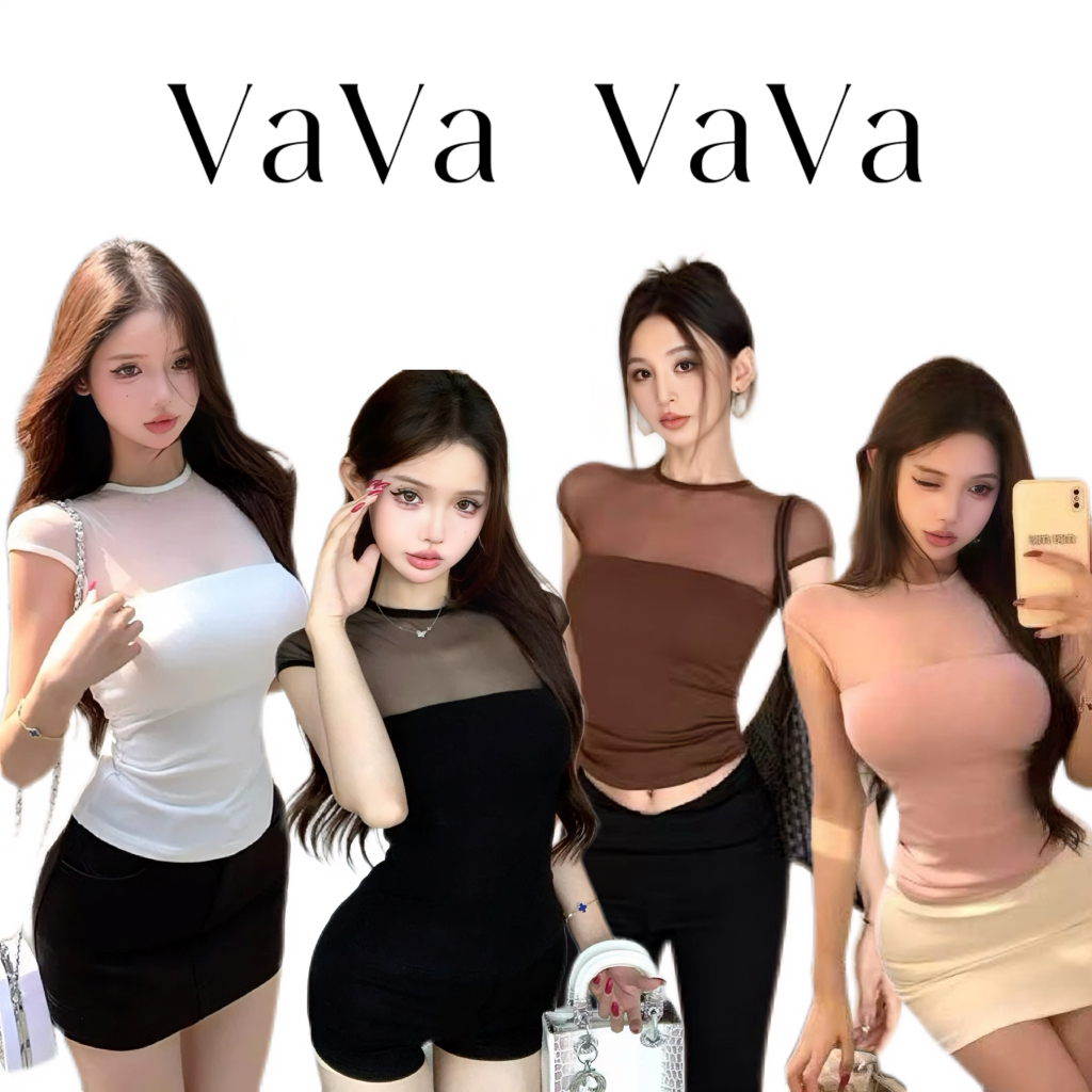 VaVa【ในสต็อก】เสื้อยืดแขนสั้นผู้หญิงหน้าร้อนที่มาพร้อมแผ่นเสริมหน้าอกและผ้าโปร่งบางป้องกันแสงแดด