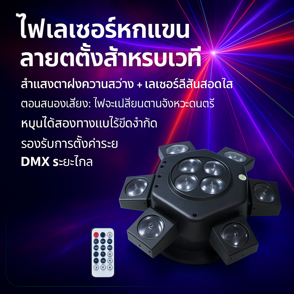ไฟดิสโก้ dj ไฟหน้า Led 4 ดวง 6 แขน หมุนได้ พร้อมเลเซอร์ R/G RGBW 4 IN 1 สําหรับดิสโก้ KTV โคมไฟดิสโก้