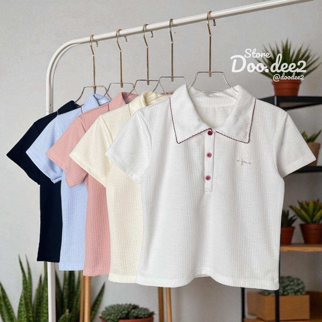 ♦️DOODEE2♦️เสื้อคอปกถักคอ แต่งติดโลหะงานน่ารักมาก