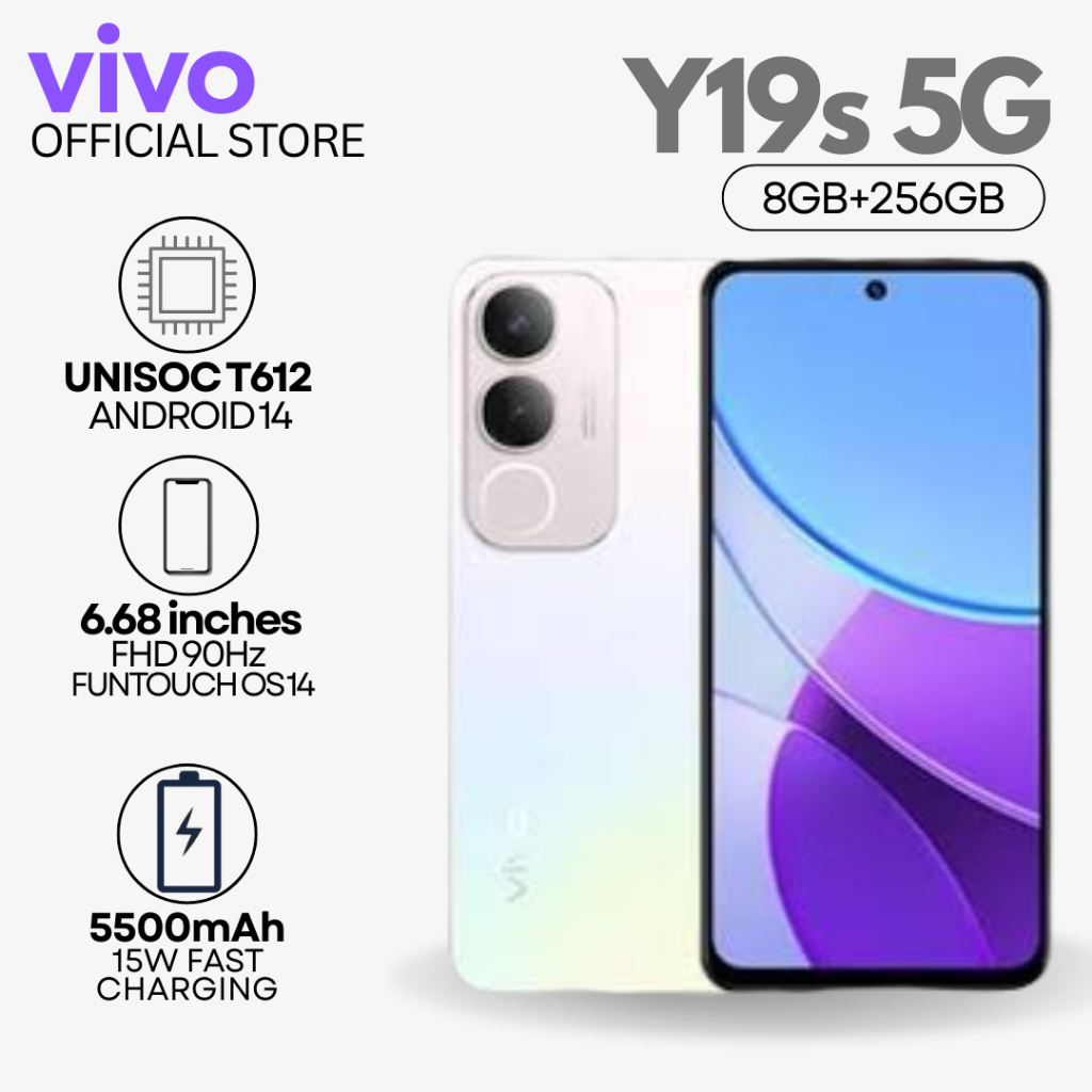 vivo Y19s | 8+256GB | ชิป UNISOC T612 | 5500mAh + ชาร์จไว 15W | กล้อง 50MP | จอใหญ่ 6.68" | ศูนย์ไทย