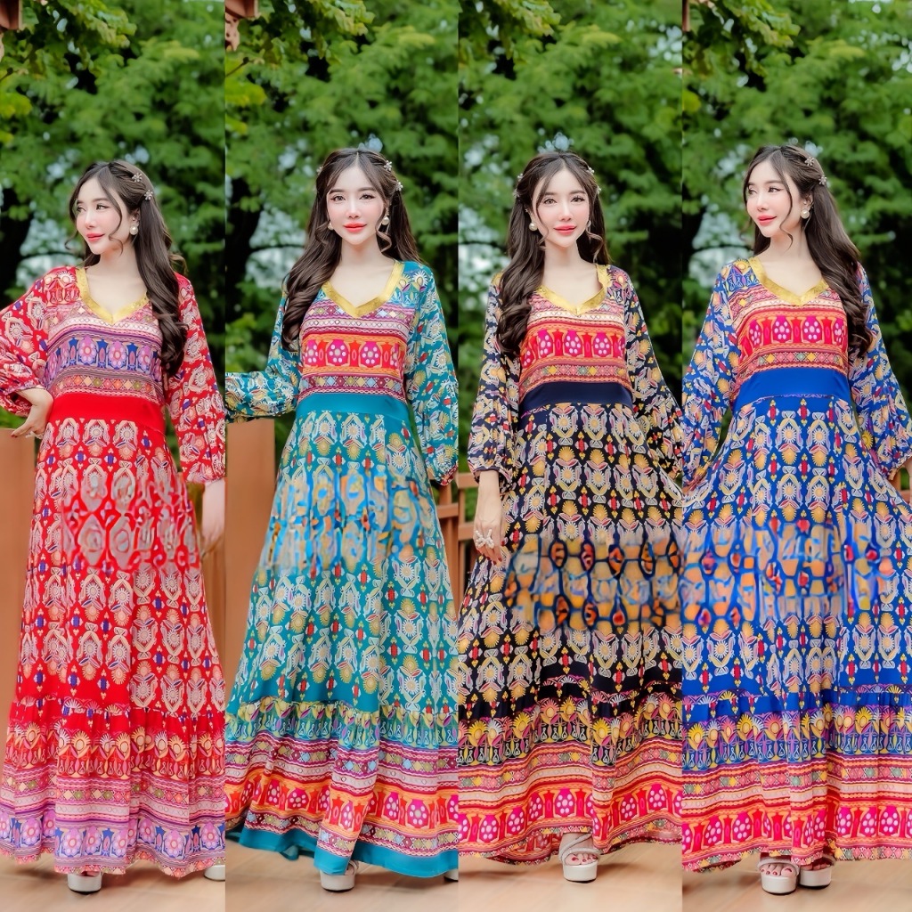 พร้อมส่งในไทย Maxi dress Indian Bohemian ชุดเดรสสไตล์โบฮีเมียนอินเดียผู้หญิงใส่ออกงาน ใส่เที่ยว เสื้อผ้าแฟชั่นสาวอวบ