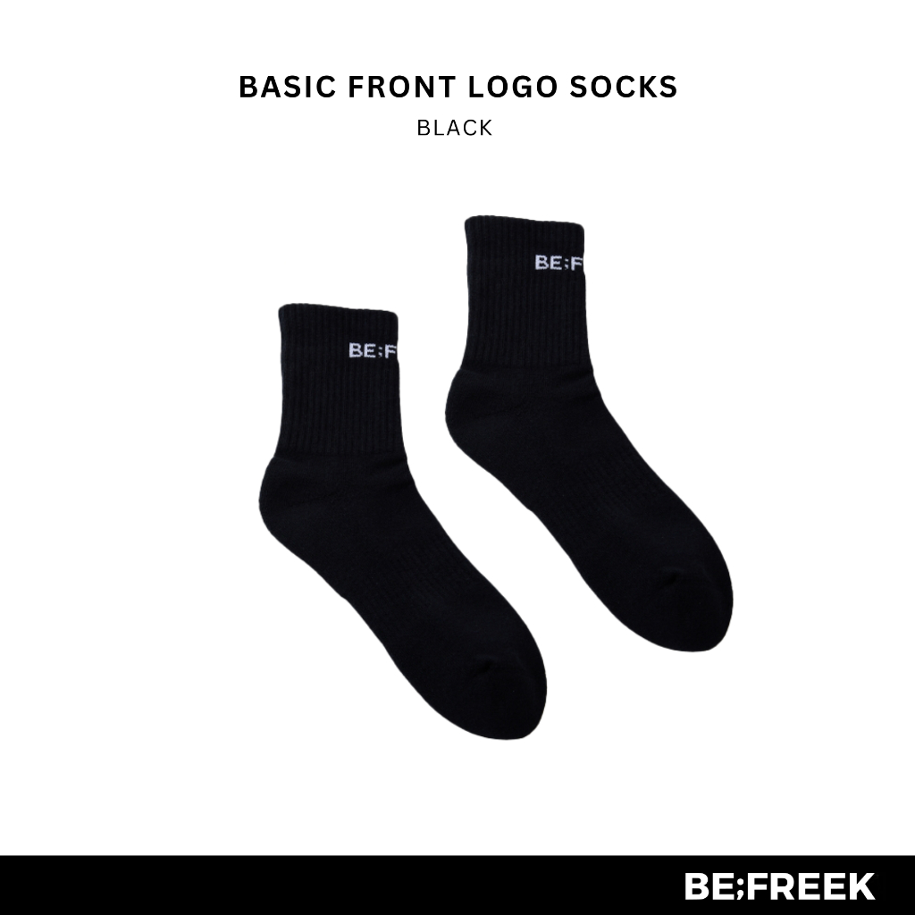 BE;FREEK ถุงเท้าโลโก้ BE;FREEK ด้านหน้า สีดำ (สินค้าพร้อมส่ง) Basic Front Logo Socks Black (Available Now)