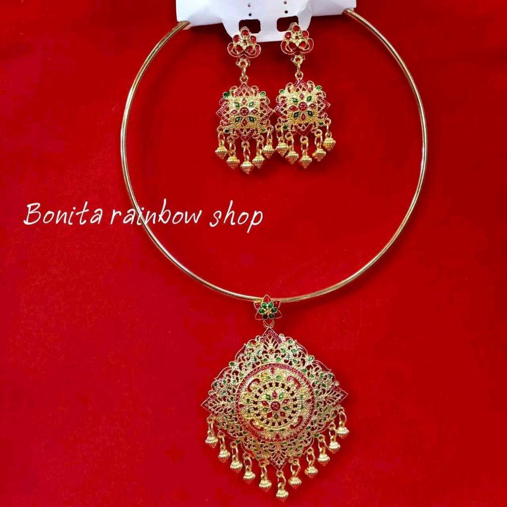 สร้อยคอพร้อมต่างหูแบบห่วง เครื่องประดับชุดไทย สีทองลงยา WW005