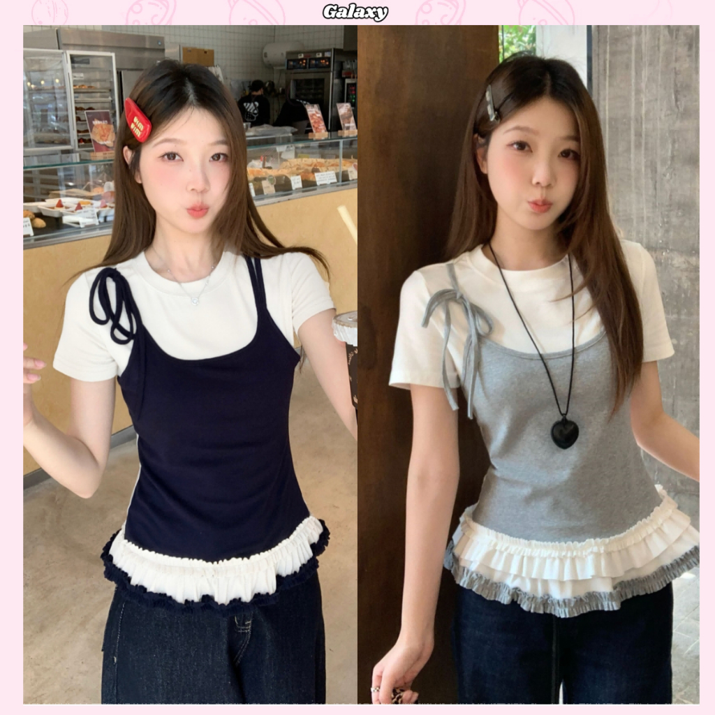 เสื้อยืดผู้หญิง เสื้อแขนสั้น สไตล์เกาหลี เซตสองชิ้นติดกัน สไตล์บัลเล่ต์ อ่อนหวาน #020356