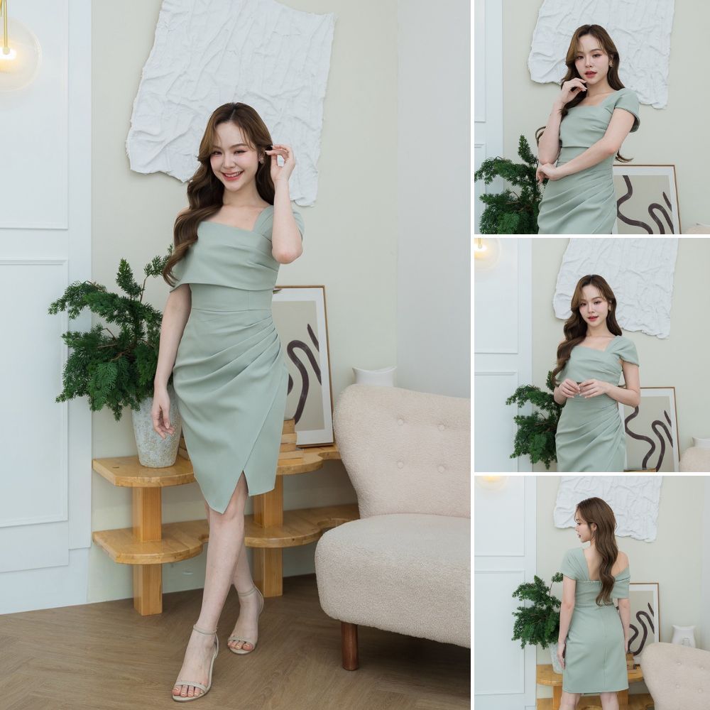 ชุดเดรส เดรสสั้น ชุดราตรี เดรสออกงาน เดรสปาดไหล่ LEYA เดรสน่ารักๆ จีบพรางพุง ชุดขายดี Woman Dress - รูปที่ 2