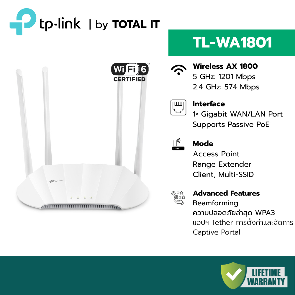 TP-Link TL-WA1801 Access Point Wi-Fi 6 AX1800 Gigabit PoE แอคเซสพอยต์ ขยายสัญญาณ Wi-Fi ประกันศูนย์