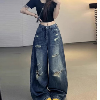 GHAOHES  กางเกงยีนส์ขาดวินเทจทรงหลวมขากว้างเมทร์ง่าย เหมาะสำ…