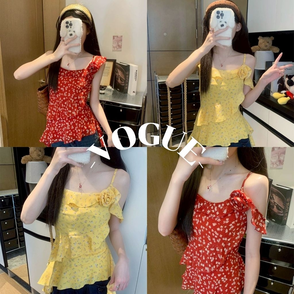 Vogue🌟พร้อมส่ง🌟 เสื้อสายเดี่ยว ลายลูกไม้ สีสดใส แต่งดอกไม้ น่ารักสาวจีนมาก (FY2922)