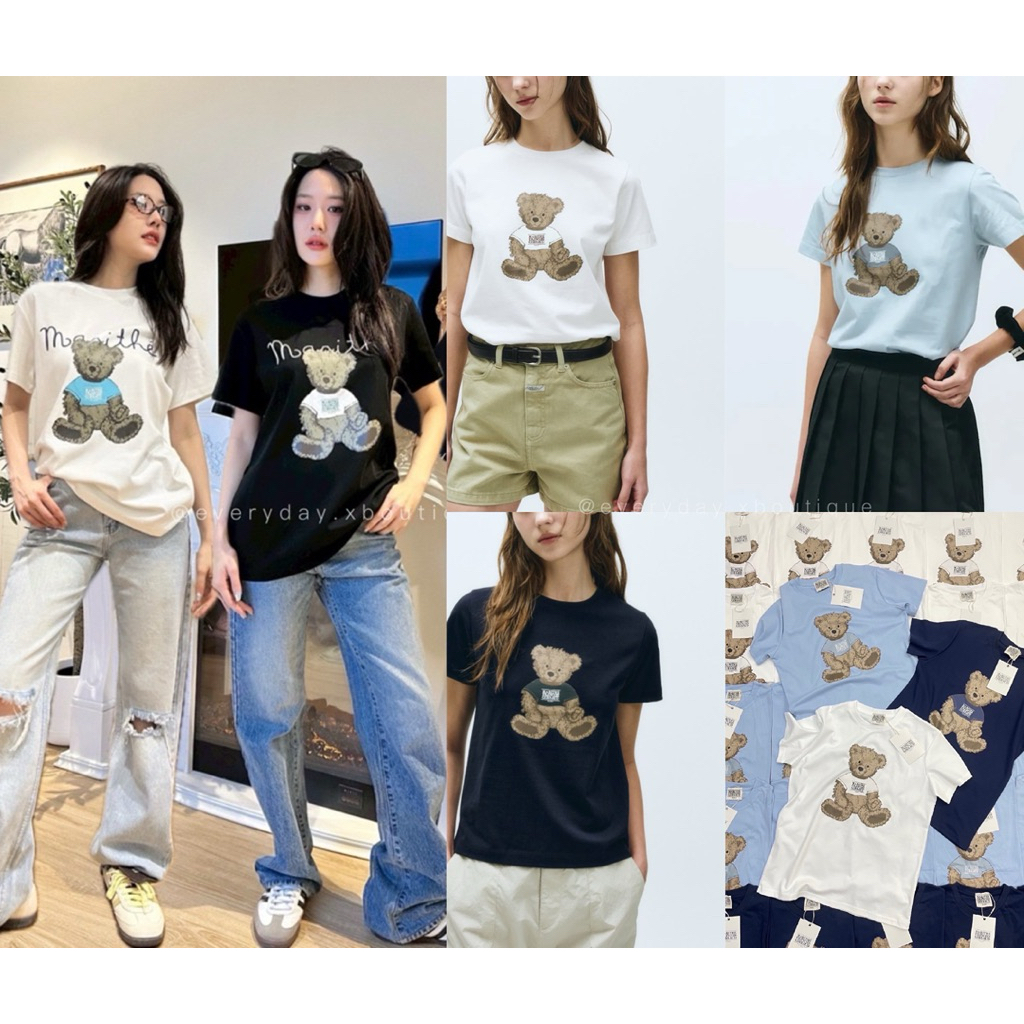 Mar Bear T-Shirt 🧸🩵(330฿)เสื้อยืดแบรนด์ดังเกาหลี รุ่นใหม่ ดีเทลสกรีนลายโลโก้น้องหมีด้านหน้า ชนช็อปเกาหลีเลยค้า valen