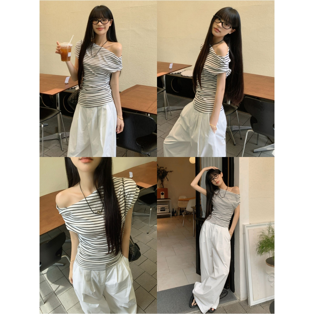 เสื้อเปืดไหล่ เสื้อยืดลายทาง ใส่เเล้วดูผอม หลายไซส์ให้เลือก ดีไซส์พิเศษ เซ็กซี่เบาๆ #22358