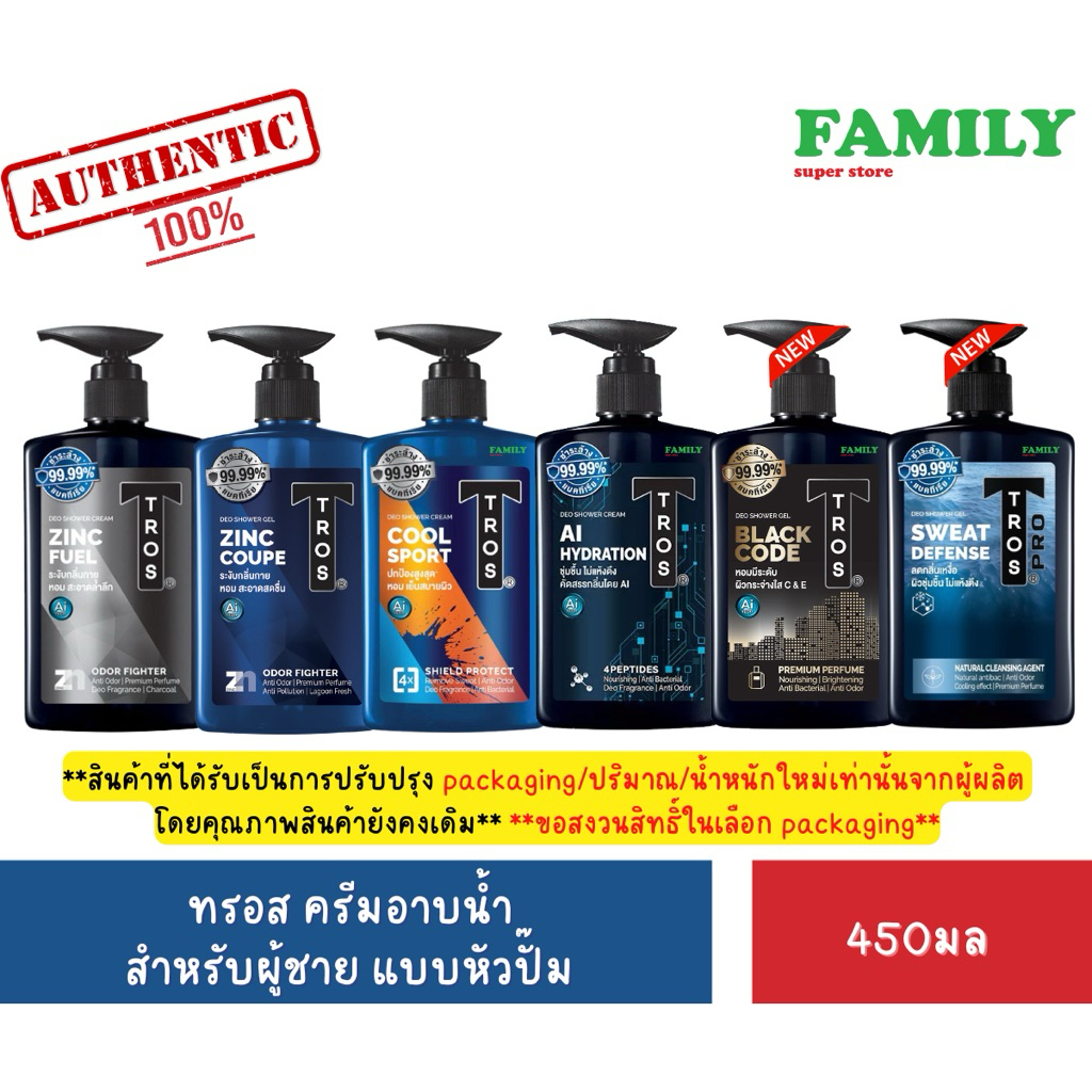 Tros ทรอส ครีมอาบน้ำ สำหรับผู้ชาย แบบหัวปั๊ม 450มล. [006]