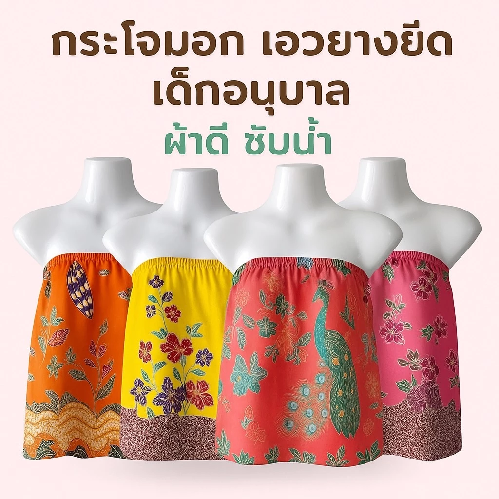 ผ้าถุงเอวยางยืดเด็กอนุบาล กระโจมอก ผ้าถุงอาบน้ำ มีรุ่นสั้นและรุ่นยาว สำหรับผู้ใหญ่และเด็ก ซับน้ำดี ไม่ลื่น