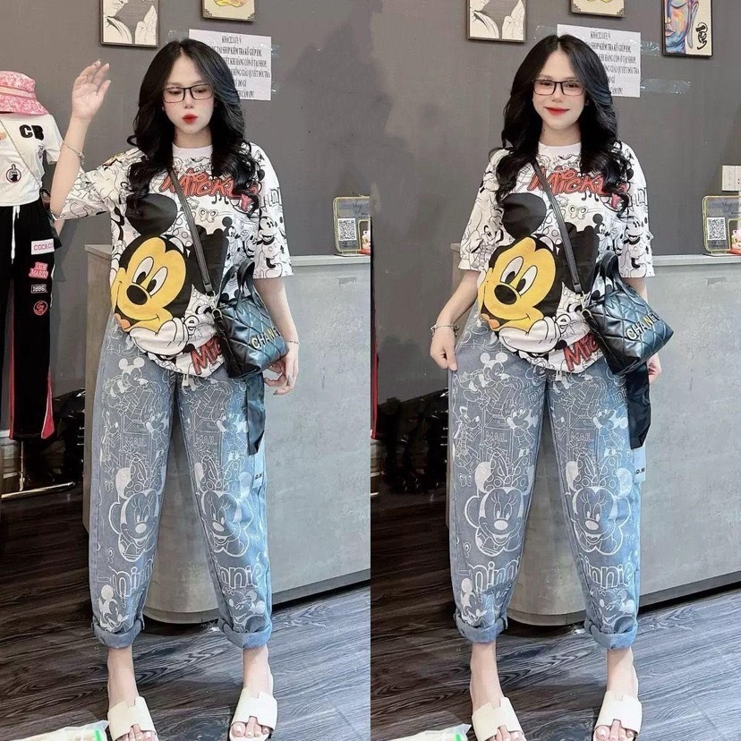 No.Set5616 ชุดเซ็ท2ชิ้น เสื้อแขนสั้น+กางเกงขายาว*ผ้ายีนส์เทียม* สกรีนลายหนู ชุดเซ็ท เสื้อผ้าแฟชั่น